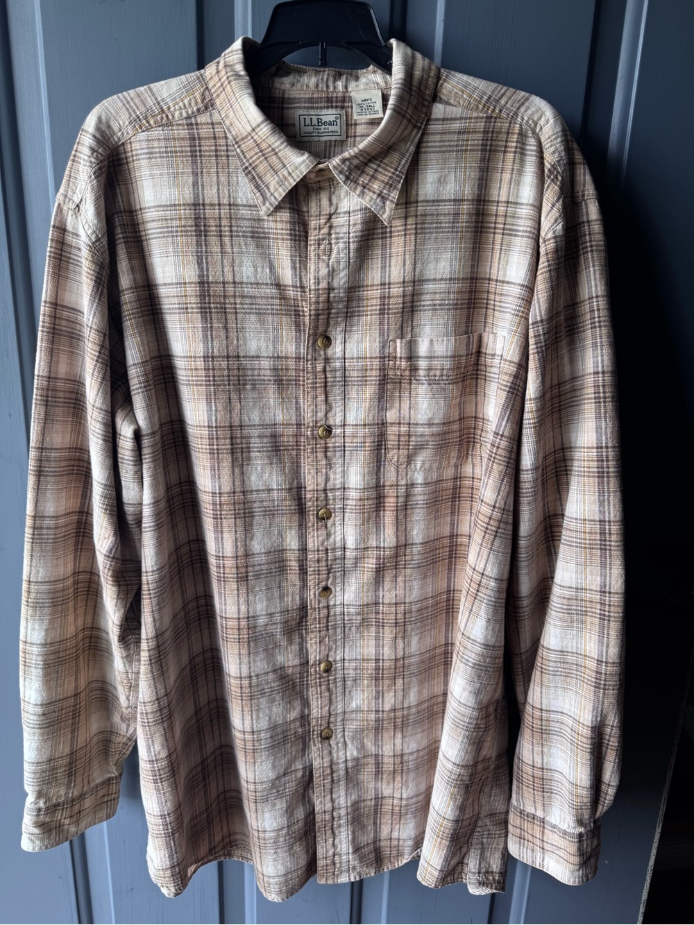 L.L. Bean Cream and Brown Plaid Cotton Button-Up